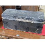 Antique studded leather dome top box, 26.5cm by 56cm by 30cm.