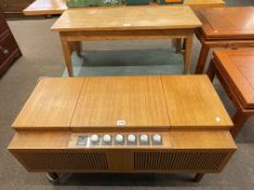 HMV teak radiogram, slate top coffee table and low table (3).