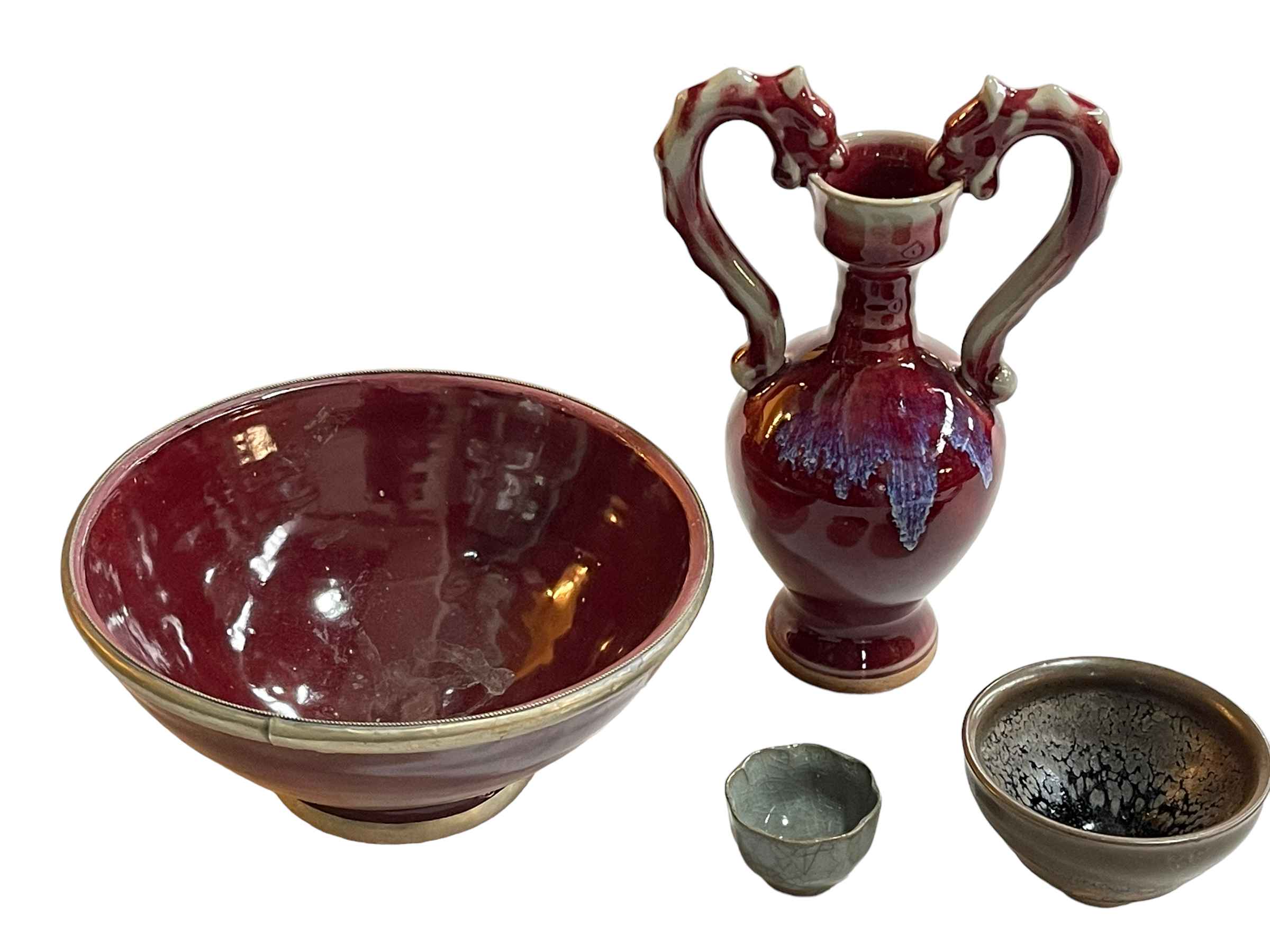 Chinese flambé red glaze two handled vase, Oriental bowl and two small bowls (4).
