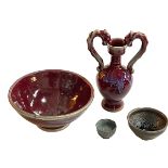 Chinese flambé red glaze two handled vase, Oriental bowl and two small bowls (4).