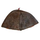 19th Century Chinese leather hat with embossed decoration and red central band.