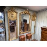 Pair rectangular gilt framed lady portrait bevelled wall mirrors, 178cm by 52cm.