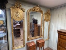 Pair rectangular gilt framed lady portrait bevelled wall mirrors, 178cm by 52cm.