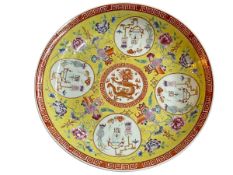 Chinese yellow ground famille rose charger 'Wu Gu Feng Deng' Chu Xiu Gong mark to base, 37.