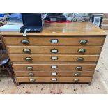 Six drawer oak plan chest, 86.5cm by 120cm by 84cm.