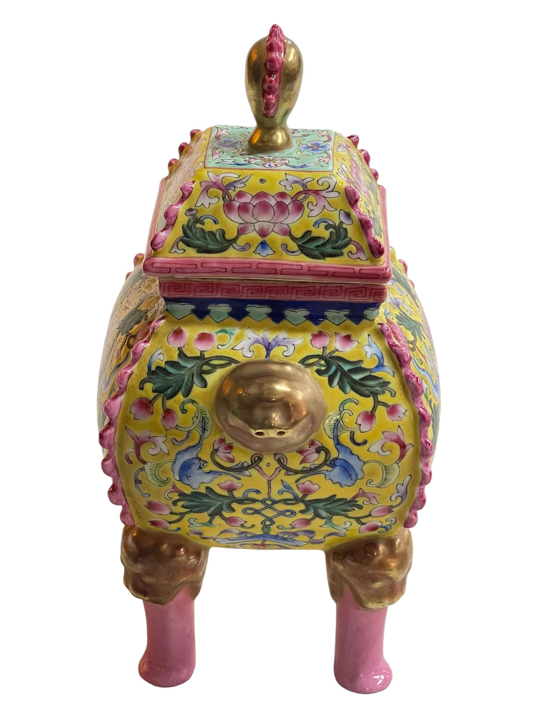 Chinese pottery four legged censor with floral and gilt design on yellow and pink ground, - Image 2 of 5