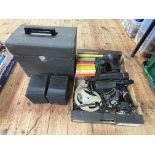 Elmo ST-1200 sound projector, two Nikon cameras with lenses, 90-230 zoom lens, Konica camera,