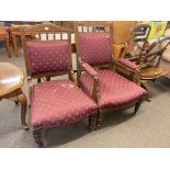Pair Victorian oak ladies and gents chairs,