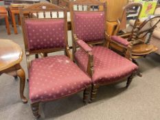 Pair Victorian oak ladies and gents chairs,