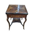 Victorian inlaid rosewood envelope card table having frieze drawer and shaped undershelf, 74.