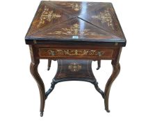 Victorian inlaid rosewood envelope card table having frieze drawer and shaped undershelf, 74.