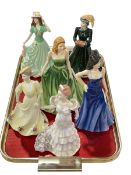 Three Coalport ladies, Royal Doulton and two The English Ladies Co figures (6).