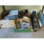 Three boxes of china and glass, Zenit-e Camera, cased violin and bow, Bjorn Bengtson arrows, etc.