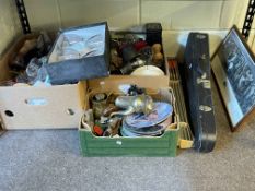 Three boxes of china and glass, Zenit-e Camera, cased violin and bow, Bjorn Bengtson arrows, etc.