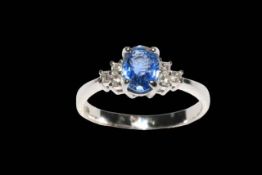 18 carat white gold, sapphire and diamond ring, sapphire weight approx 1.22 carats, diamond 0.