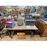 Late Victorian rectangular oak kitchen table on turned legs together with set of six wheelback