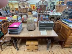 Late Victorian rectangular oak kitchen table on turned legs together with set of six wheelback