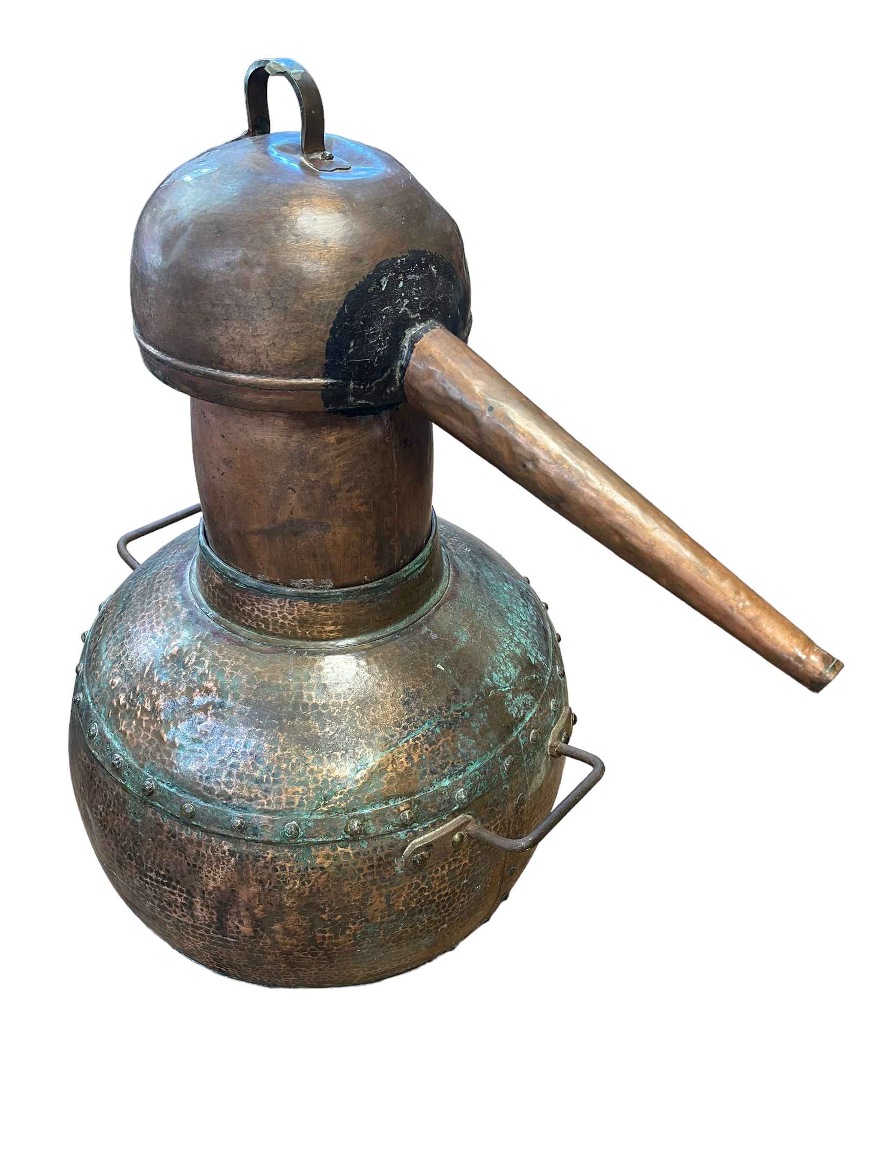 Large Portuguese riveted copper wine still, 90cm.