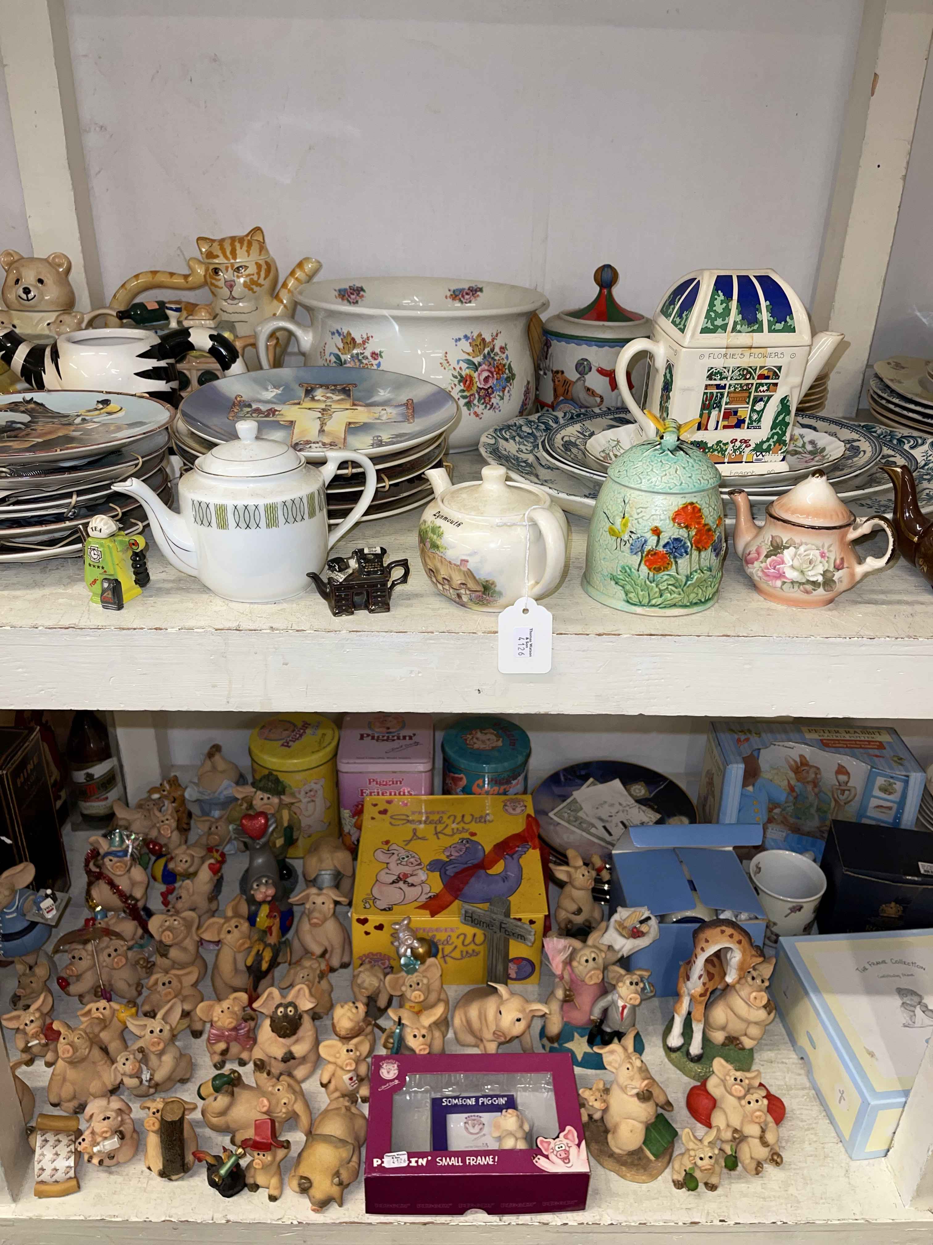 Two full shelves of china, novelty teapots, collectors plates, Piggin Pigs, tableware, Hine Brandy, - Image 3 of 4