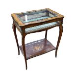 Victorian rosewood, floral inlaid and brass mounted bijouterie table, 76cm by 61cm by 41cm.