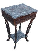 Profusely carved Anglo Indian shaped top work table, 69cm by 50cm by 39cm.