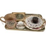 Sunderland lustre mug, Royal Crown Derby Old Avesbury and Royal Antoinette plates,