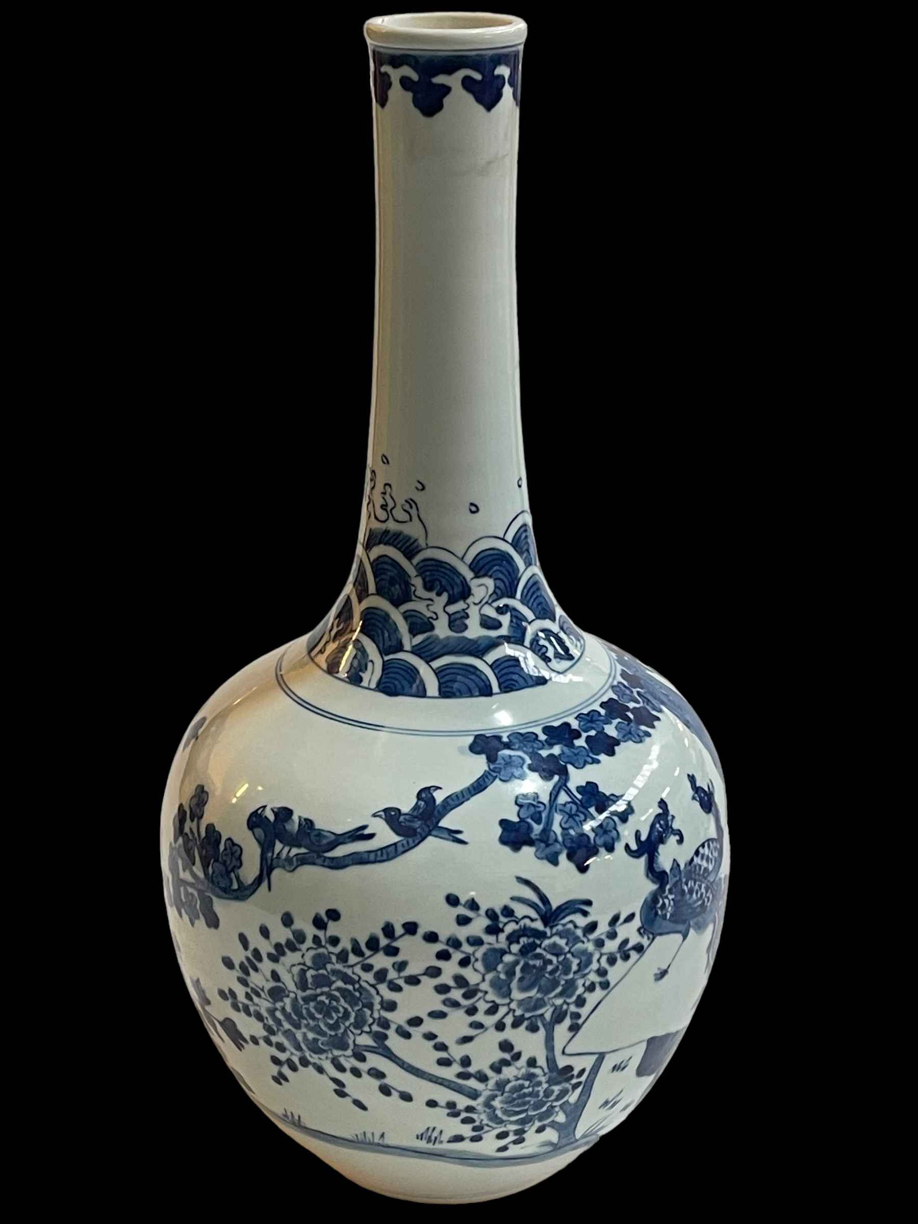 Large Chinese blue and white bottle vase decorated with birds and flora, - Image 2 of 4