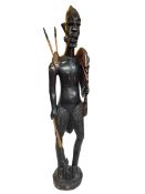 Large carved wood Ethnic figure of a hunter, 102cm.