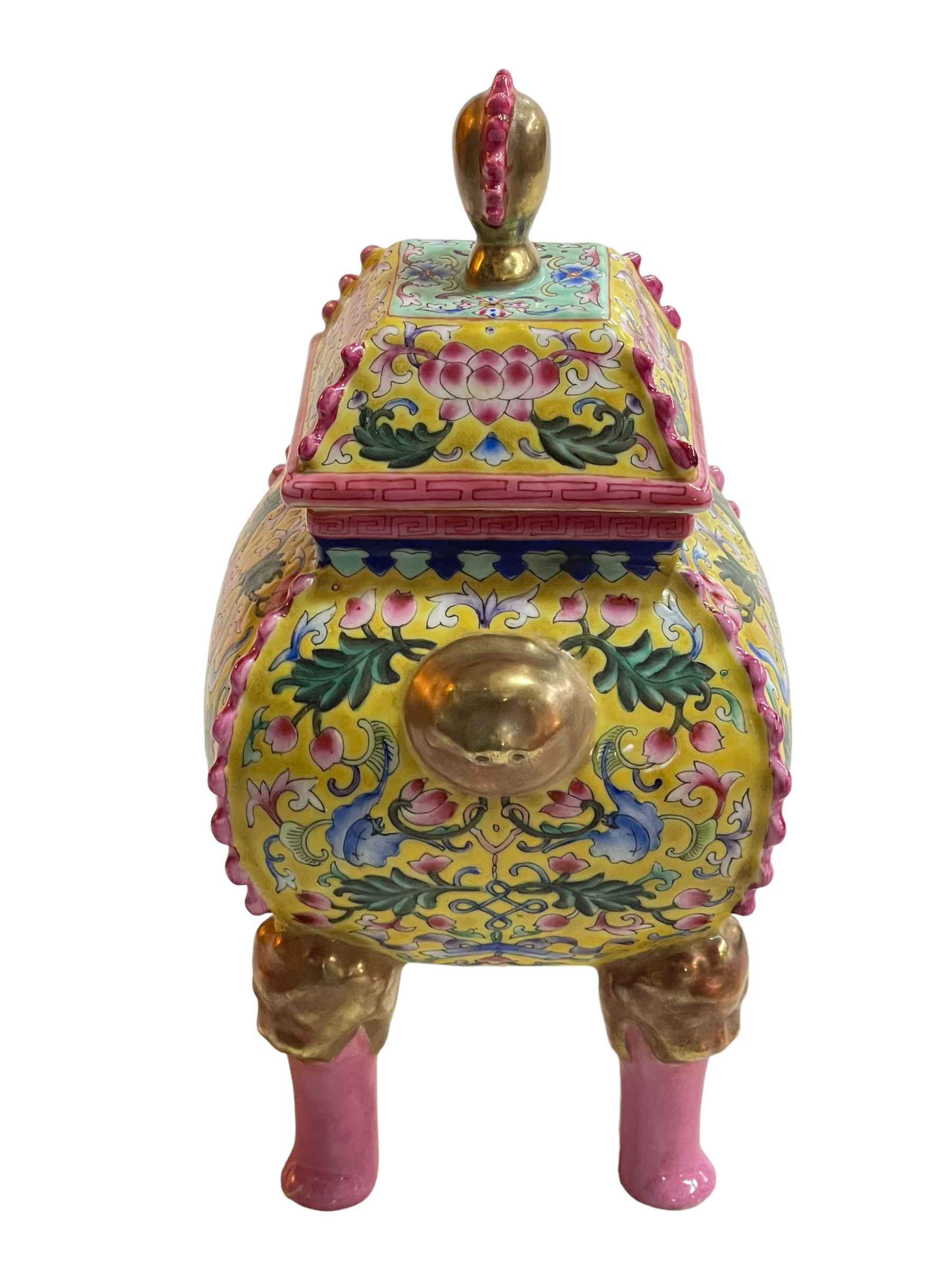 Chinese pottery four legged censor with floral and gilt design on yellow and pink ground, - Image 4 of 5