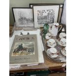 Carlton Ware part coffee set, Victorian green glass dump, silver plate gallery tray, etchings, etc.