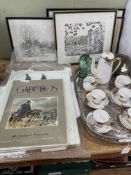 Carlton Ware part coffee set, Victorian green glass dump, silver plate gallery tray, etchings, etc.