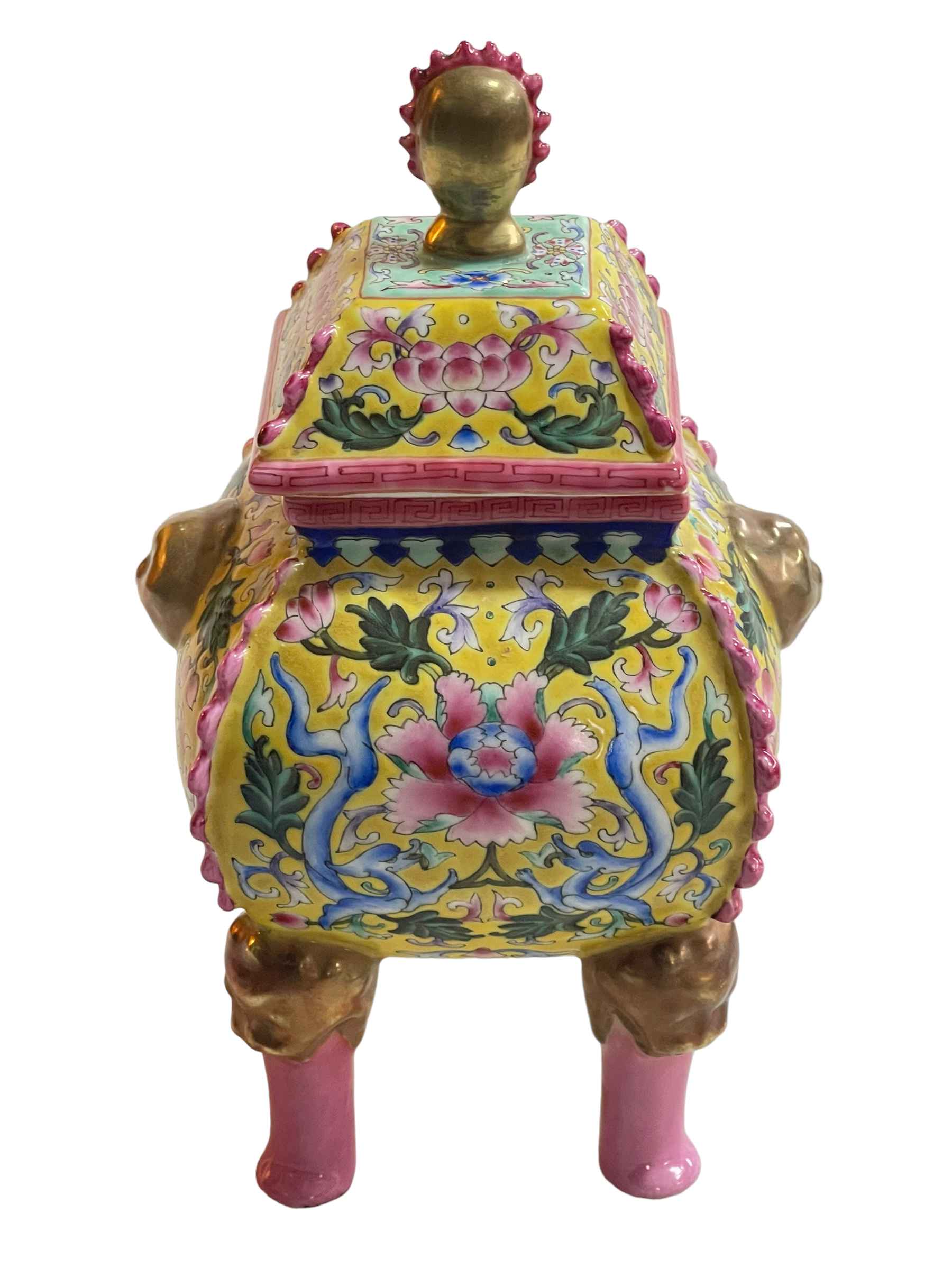 Chinese pottery four legged censor with floral and gilt design on yellow and pink ground, - Image 3 of 5