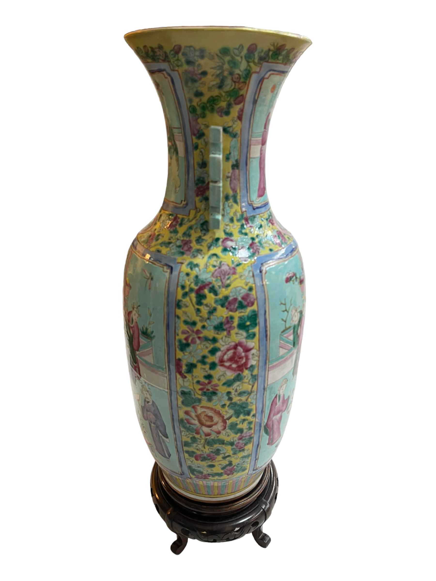 Large Chinese Famille Rose two handled vase decorate with figures on carved wood stand, - Image 2 of 4