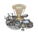 Set of Avery balance scales, small silver trophy, silver plated ware, six hairy paw casters, etc.