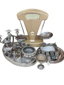 Set of Avery balance scales, small silver trophy, silver plated ware, six hairy paw casters, etc.