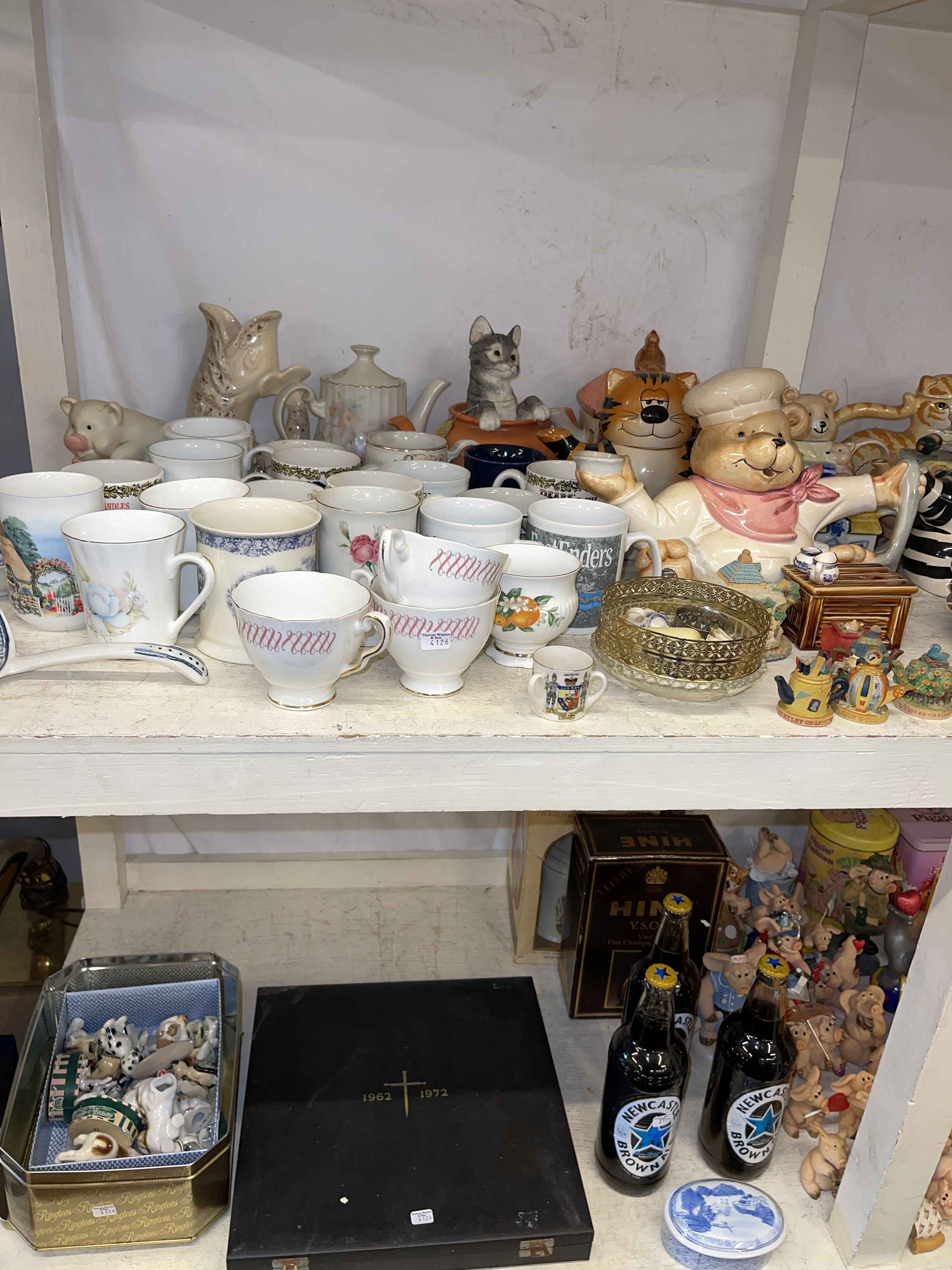 Two full shelves of china, novelty teapots, collectors plates, Piggin Pigs, tableware, Hine Brandy, - Image 2 of 4