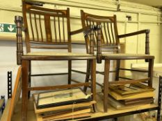 Pair of Edwardian inlaid mahogany armchairs, piano accordion and various pictures.