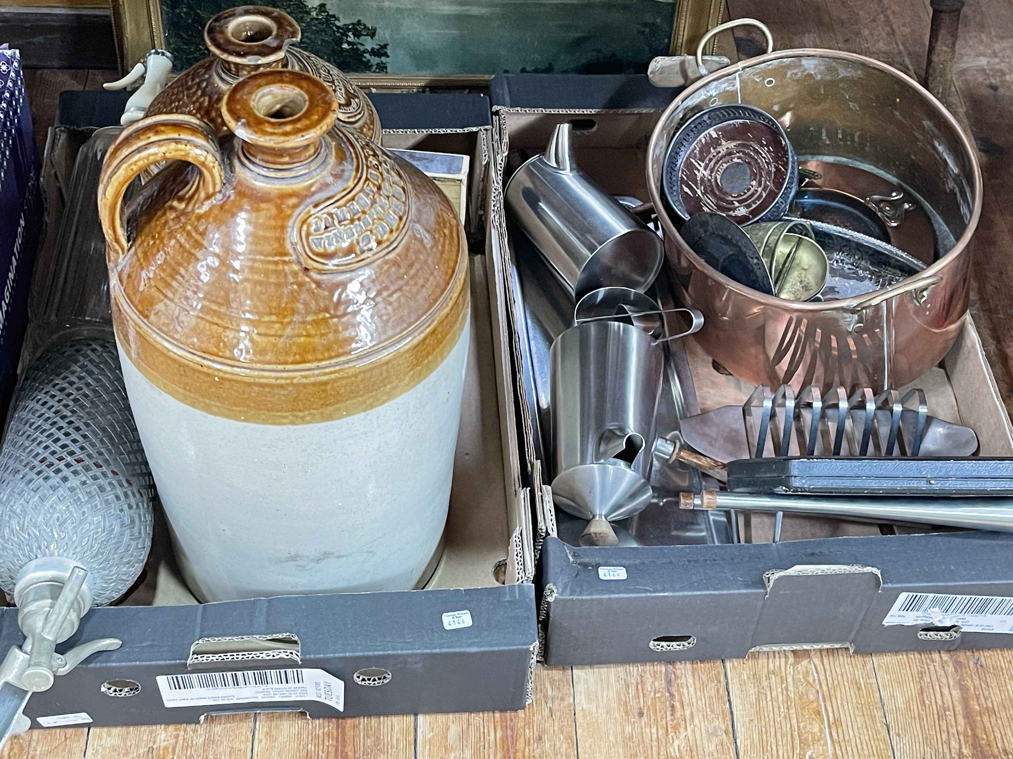 Two large Stoneware bottles, two soda siphons, Durham print, copper pan, silver collared knives,