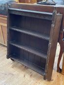 Oak three tier wall shelf with turned pillars, 109cm by 86cm by 19cm.