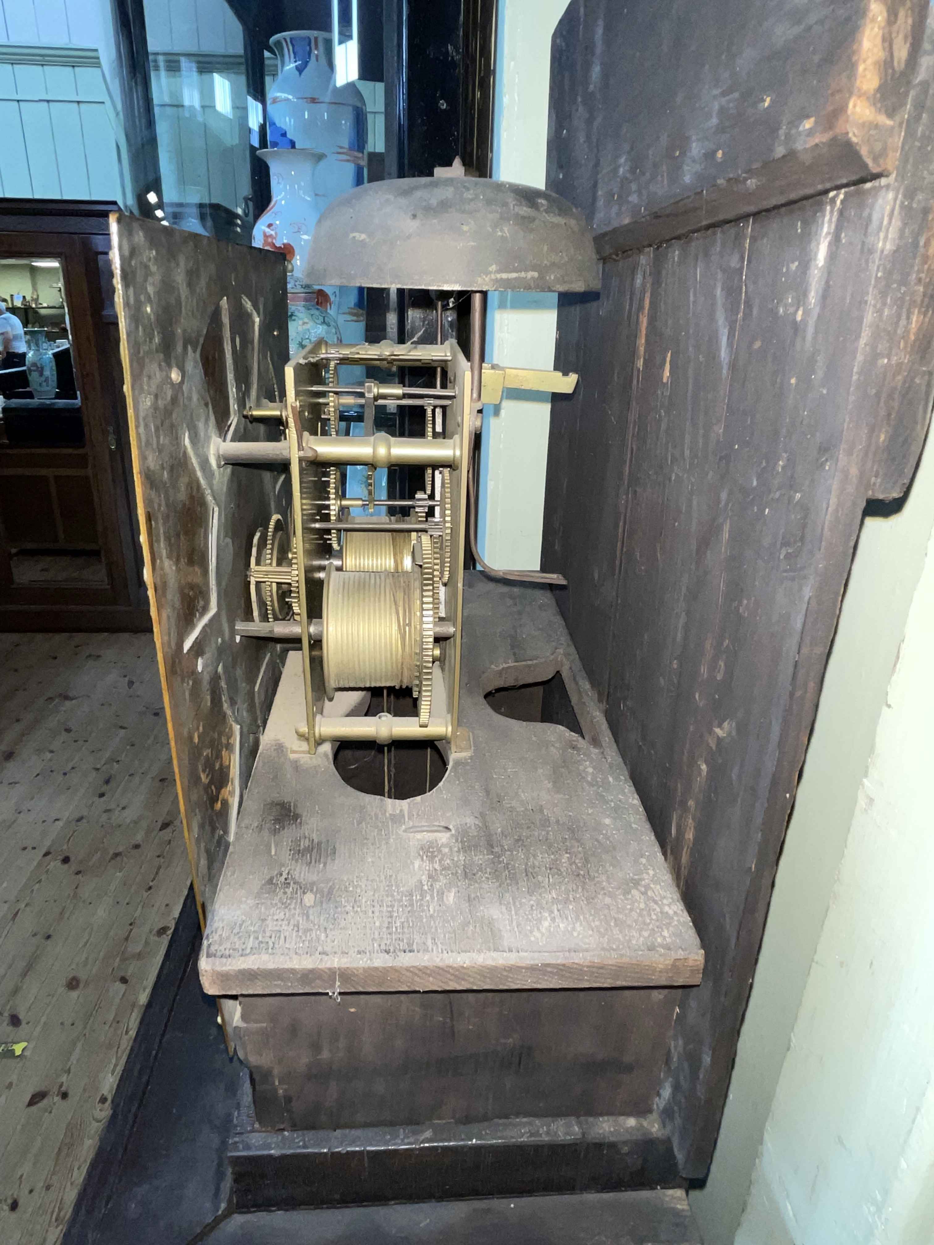 Antique carved oak cased eight day longcase clock, having square brass dial, signed Joseph Hallyfax, - Image 2 of 2