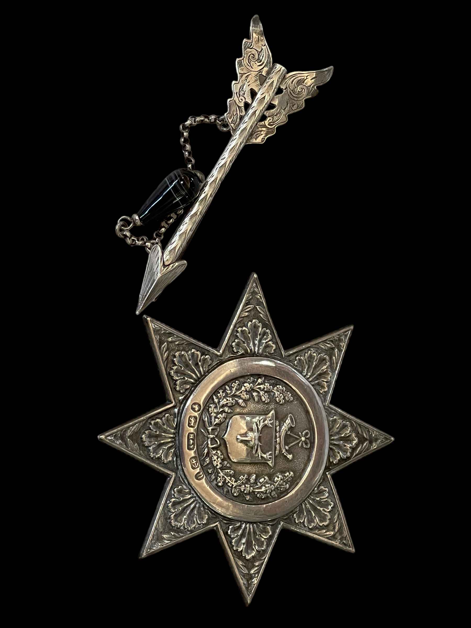 Hilliard & Thomason Victorian embossed silver badge with stag and horn armorial, Birmingham 1887,