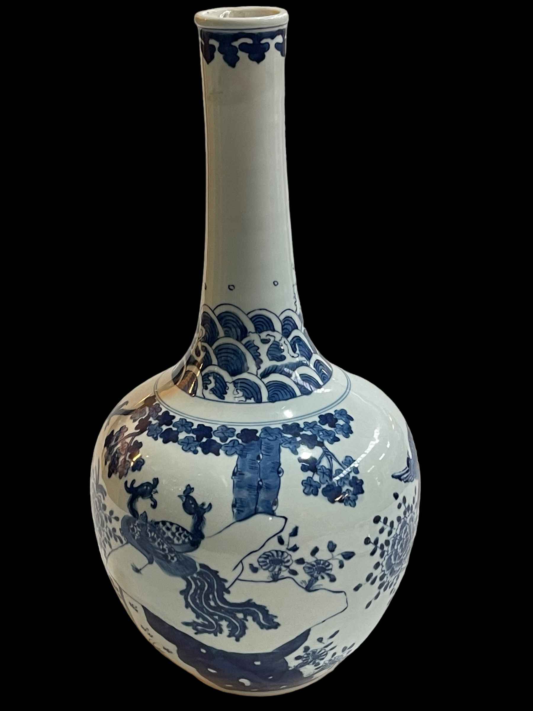 Large Chinese blue and white bottle vase decorated with birds and flora, - Image 3 of 4