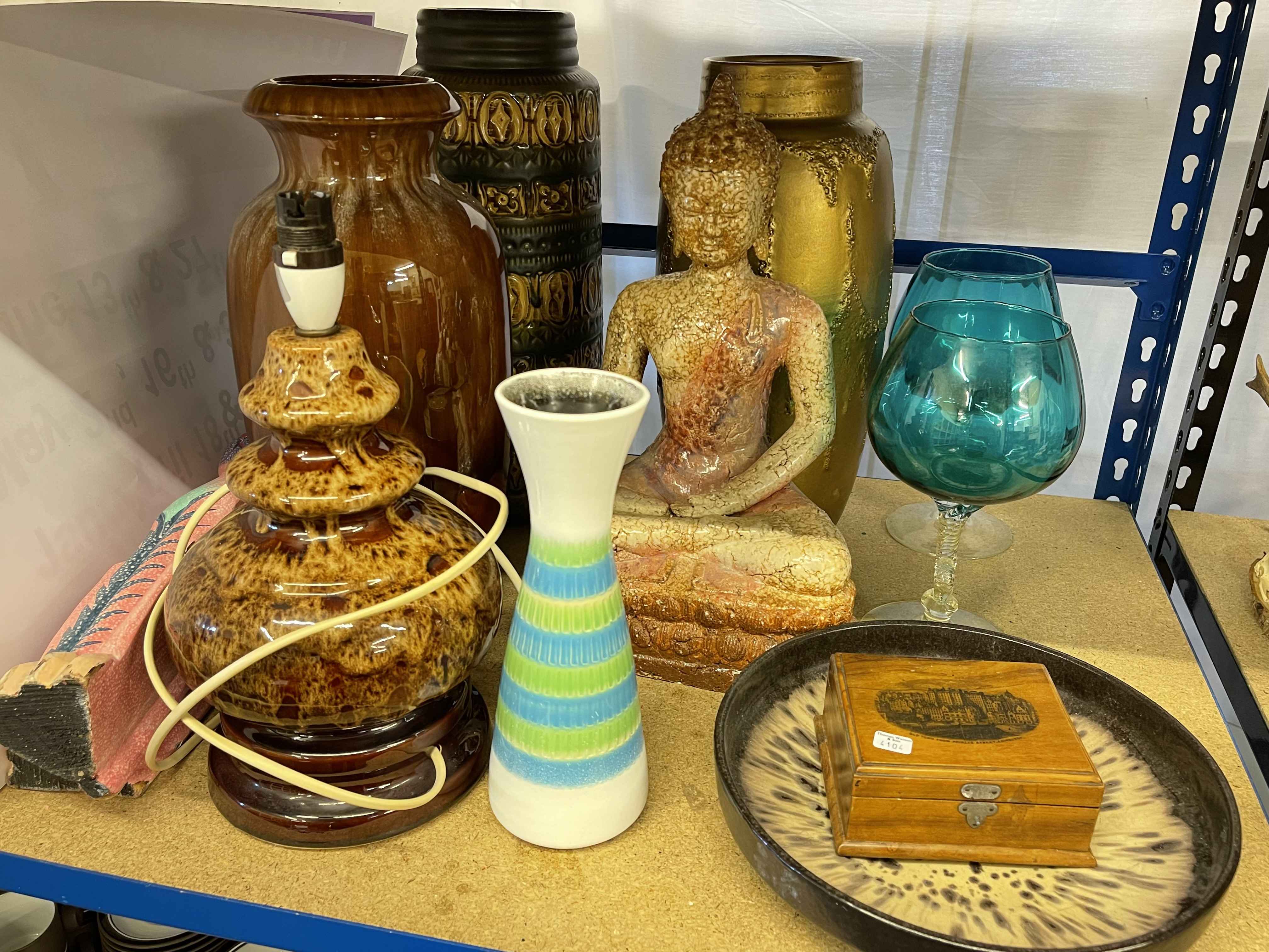 Large W German vases, table lamp, Goddess figure, glass vase, candle holders and goblets,
