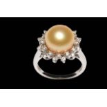 Lliano South Sea pearl and diamond 18 carat white gold ring, size N.