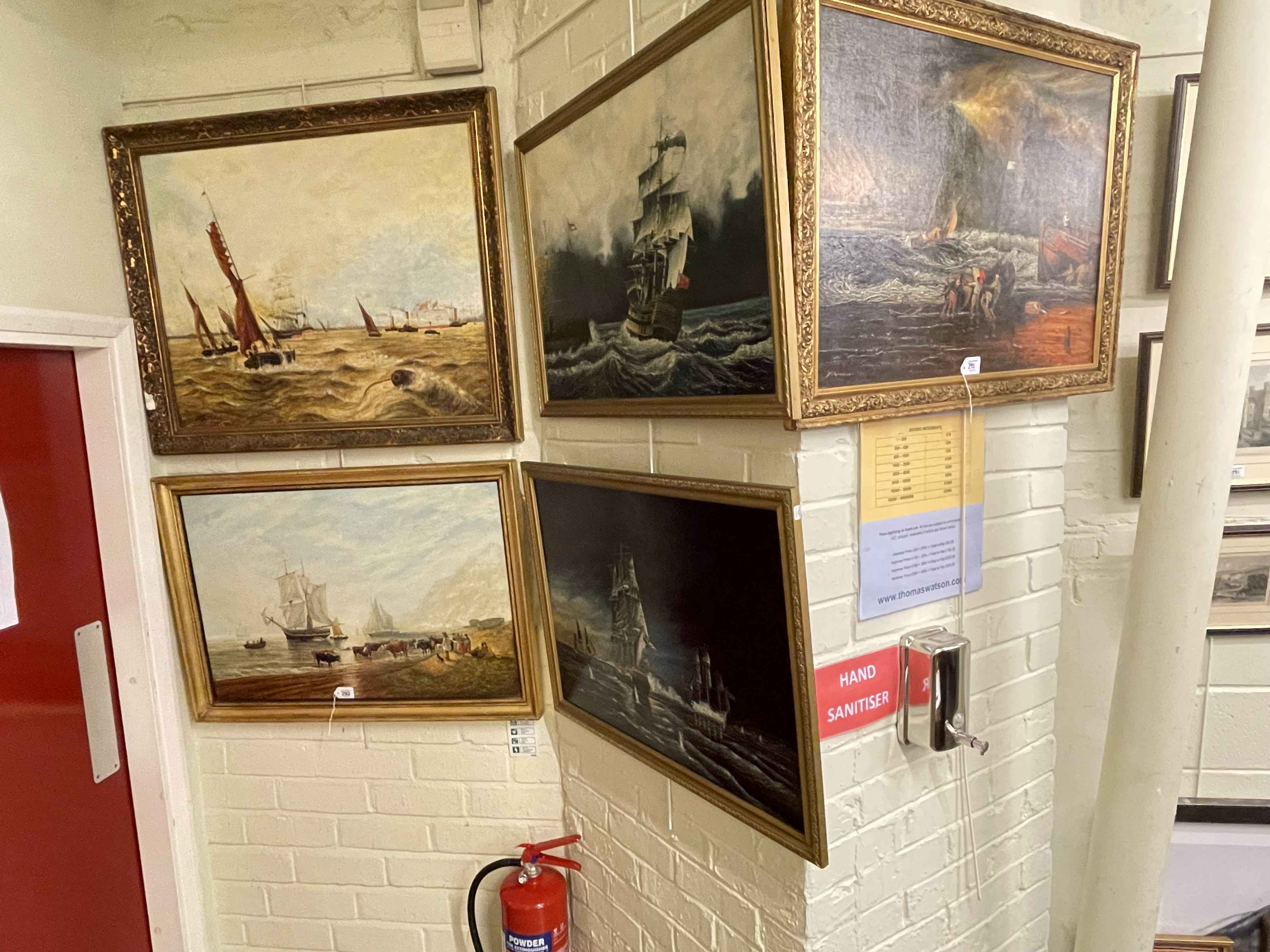 Collection of five various maritime oils on board, framed.