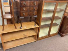 Low pine two tier open bookcase and two door glazed bookcase (2).