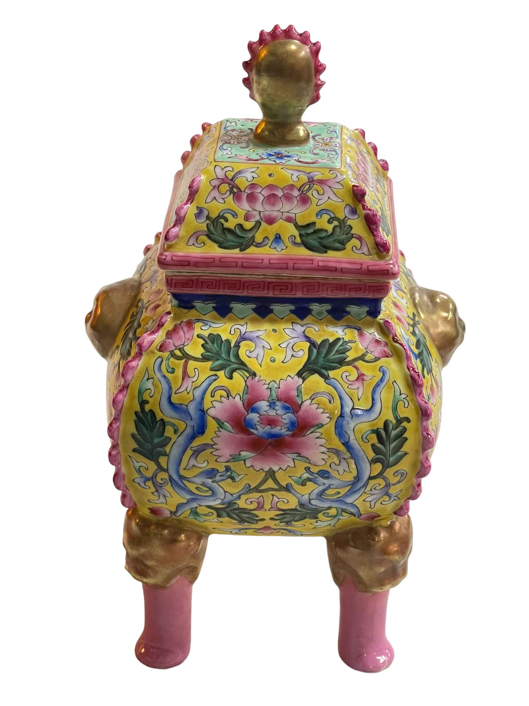 Chinese pottery four legged censor with floral and gilt design on yellow and pink ground,
