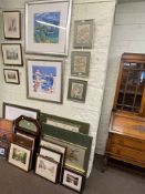 Collection of pictures and oak framed bevelled wall mirror including three Chinese paintings,