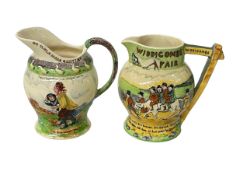 Crown Devon musical jug, Crown Devon Widdicombe Fair jug and three Maling lustre plates (5).