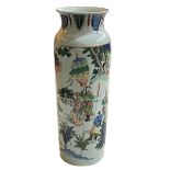 Tall Chinese pottery sleeve vase decorated with figures, oxon and sheep, 46cm high.